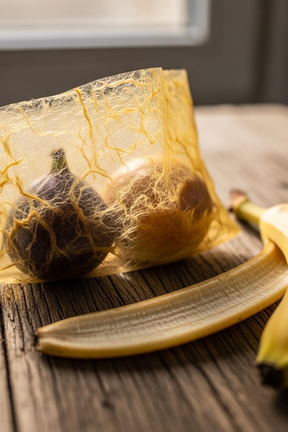 Translucent banana peel bioplastic film wrapped around fresh fruit on a wooden surface