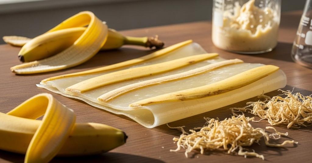 Scientists processing banana peels into flexible biodegradable plastic film in a lab