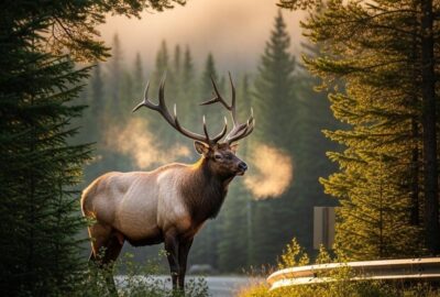 A majestic elk crossing a green wildlife overpass above a busy Canadian highway