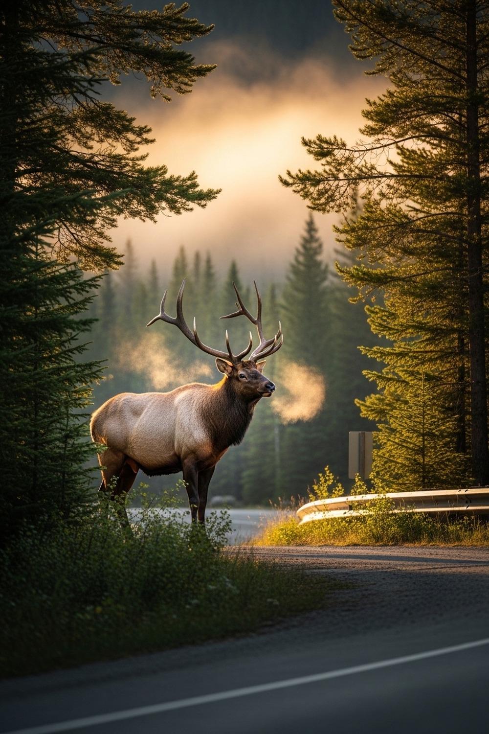 A majestic elk crossing a green wildlife overpass above a busy Canadian highway