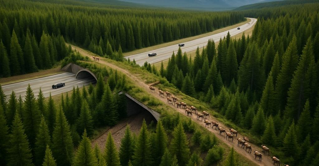 Aerial view of a forested wildlife bridge spanning a major highway in Banff