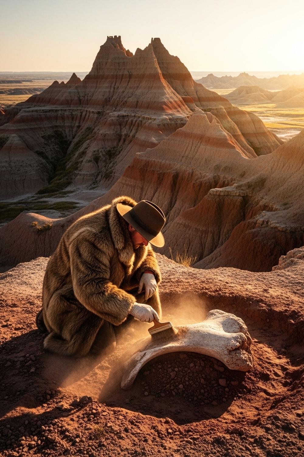 A rugged paleontologist brushing fossils from ancient rock in a Montana badland excavation site