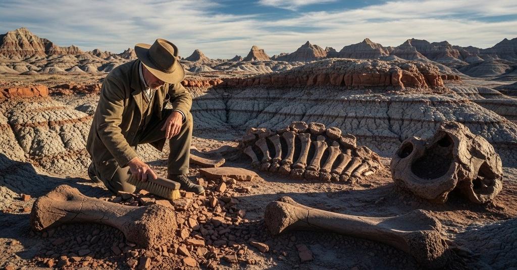 Massive Tyrannosaurus rex skeleton looming inside a grand natural history museum hall