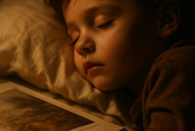 Young child sleeping peacefully in soft lamplight, surrounded by an open storybook