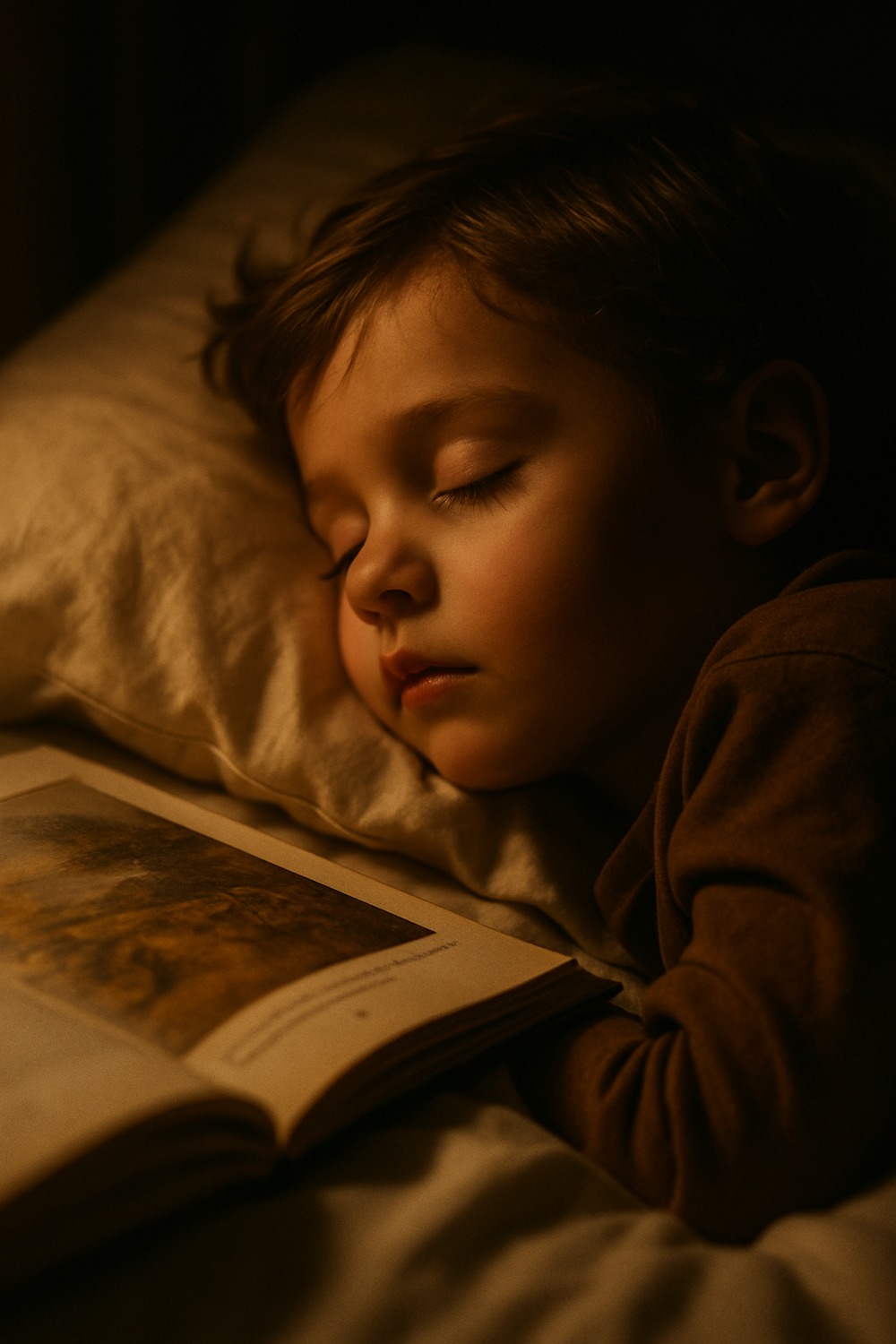 Young child sleeping peacefully in soft lamplight, surrounded by an open storybook