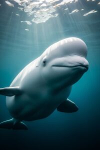 A beluga whale swimming close to a human diver in cold arctic-blue water