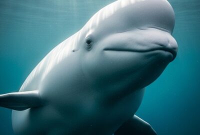 A beluga whale swimming close to a human diver in cold arctic-blue water