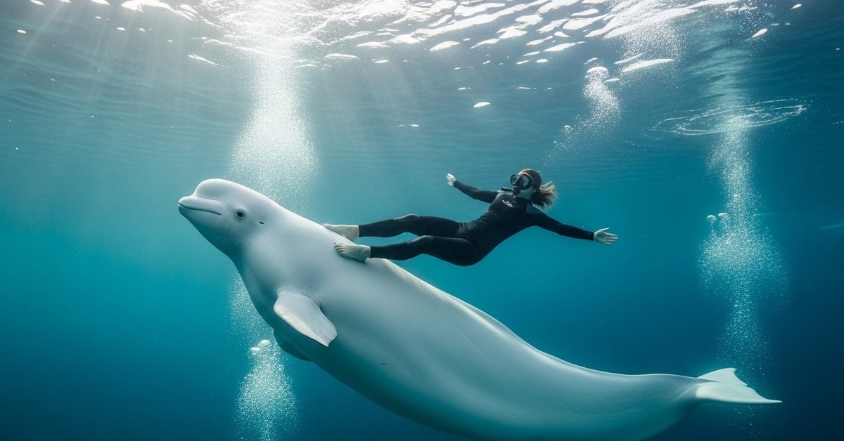 Underwater view of a beluga whale rising gently toward the water surface