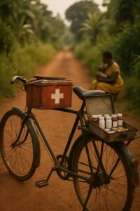 Weathered bicycle loaded with medicine bottles and first aid box on a rural Uganda dirt road