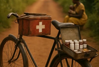 Weathered bicycle loaded with medicine bottles and first aid box on a rural Uganda dirt road