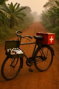 Weathered utility bicycle loaded with red medical box and medicine bottles on a rural Uganda dirt road