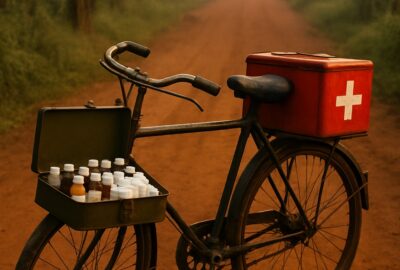 Weathered utility bicycle loaded with red medical box and medicine bottles on a rural Uganda dirt road