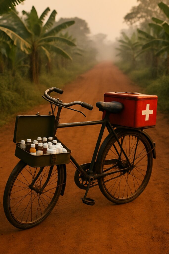 Weathered utility bicycle loaded with red medical box and medicine bottles on a rural Uganda dirt road