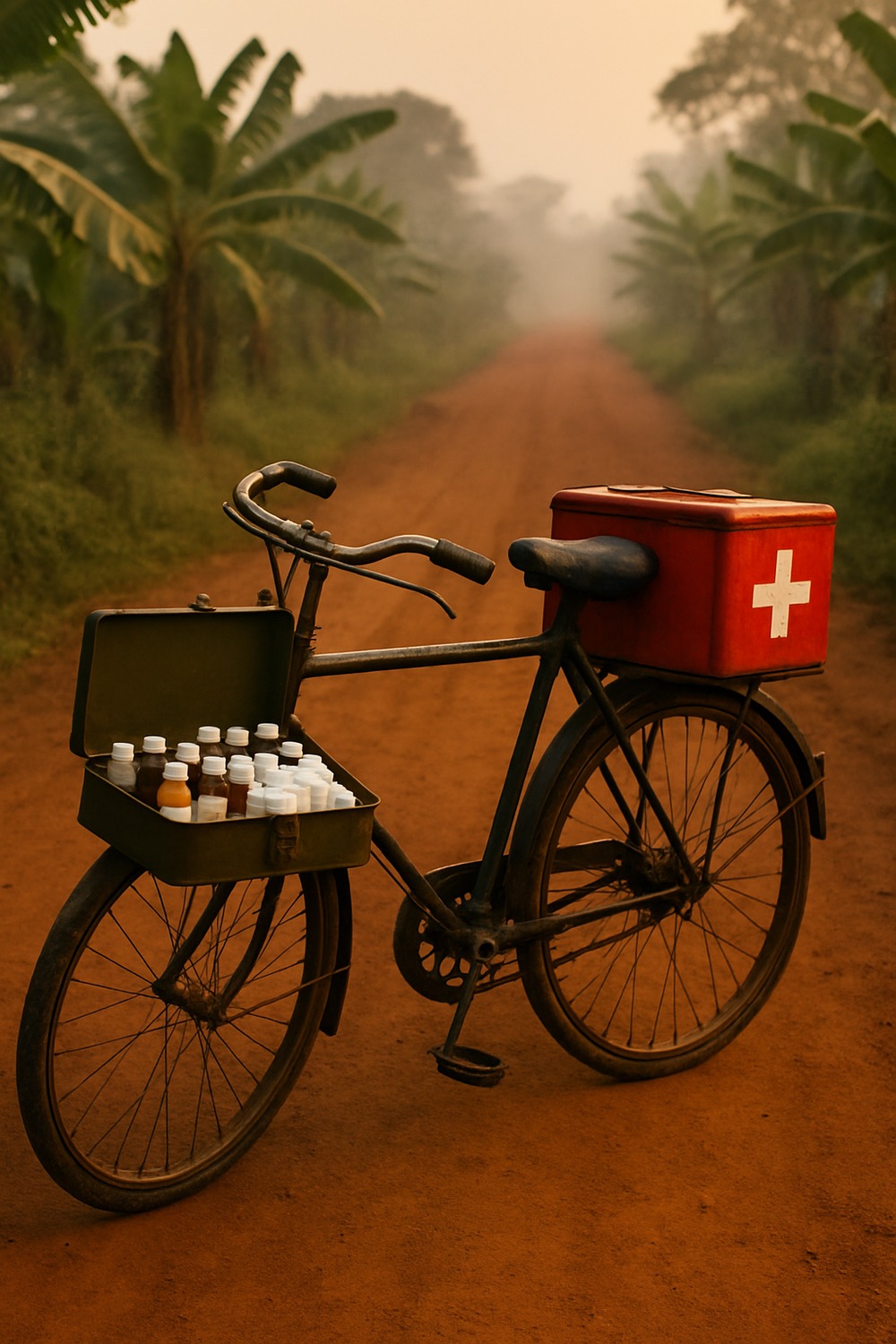 Weathered utility bicycle loaded with red medical box and medicine bottles on a rural Uganda dirt road