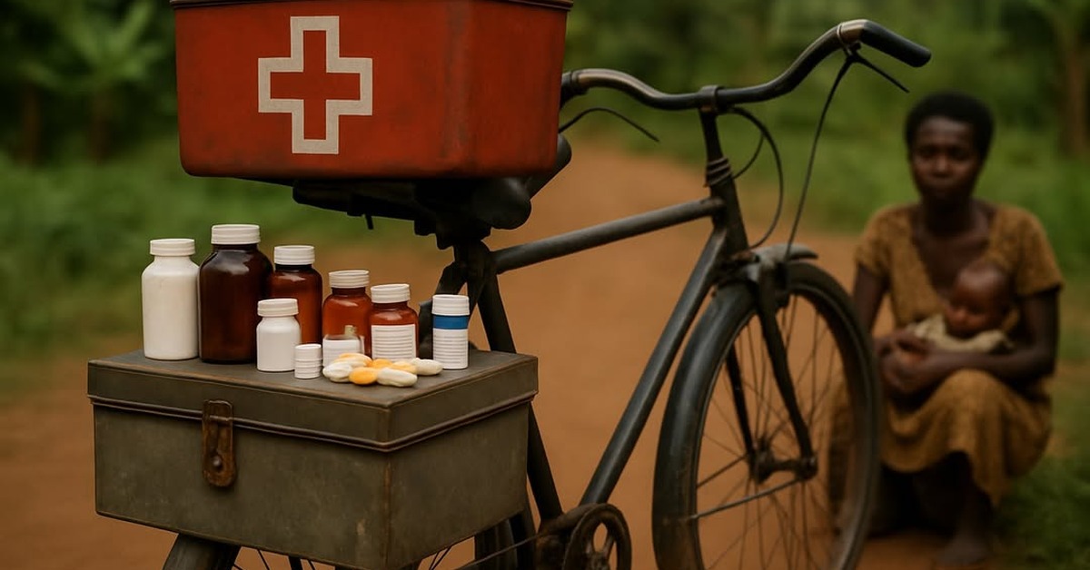 Close-up of open medical supply case on bicycle carrier showing arranged medicine bottles and tablets