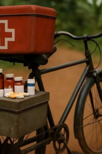 Weathered black bicycle loaded with medicines and red first-aid box on a rural African dirt path