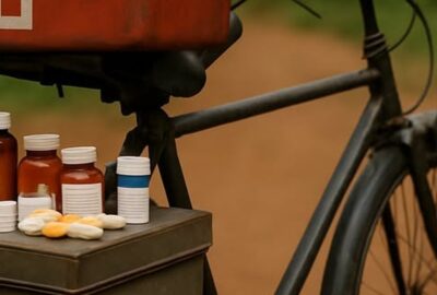 Weathered black bicycle loaded with medicines and red first-aid box on a rural African dirt path