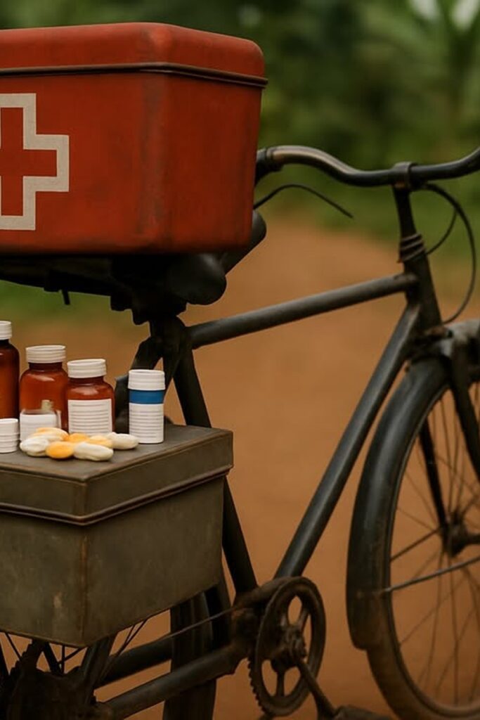 Weathered black bicycle loaded with medicines and red first-aid box on a rural African dirt path