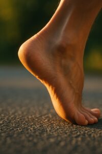 Bare human feet mid-stride on asphalt road in warm golden afternoon light