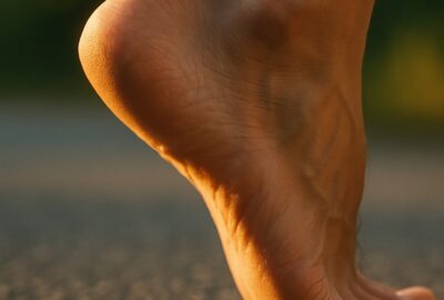 Bare human feet mid-stride on asphalt road in warm golden afternoon light