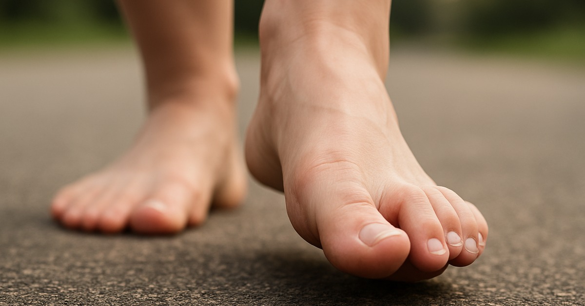 Close-up of bare foot toes pushing off asphalt surface during walking stride