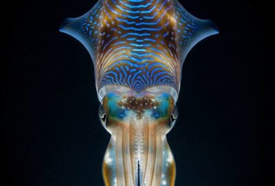 Bigfin reef squid glowing with iridescent chromatophore patterns in dark ocean water