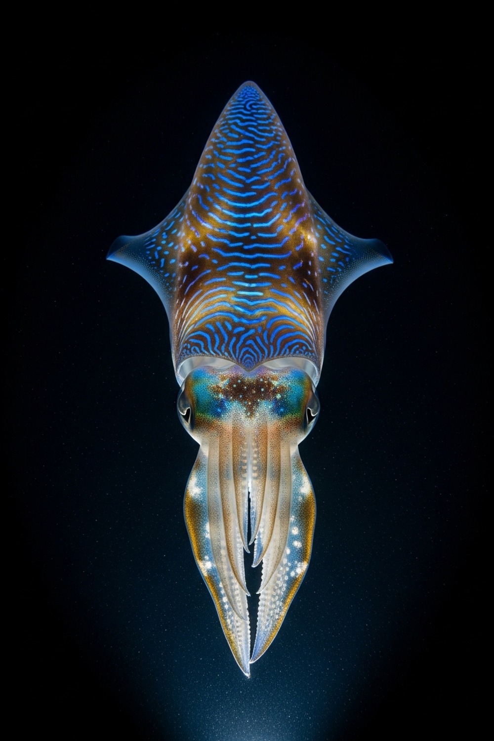Bigfin reef squid glowing with iridescent chromatophore patterns in dark ocean water