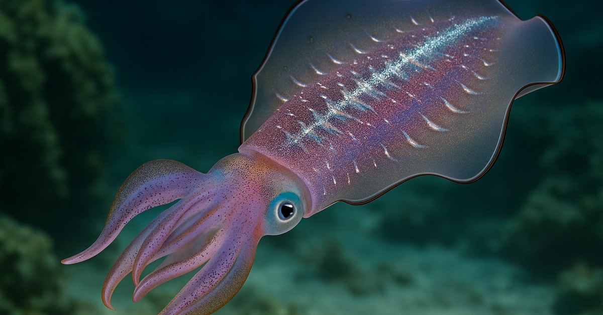 Close-up of reef squid skin rippling with electric blue and gold bioluminescent signals