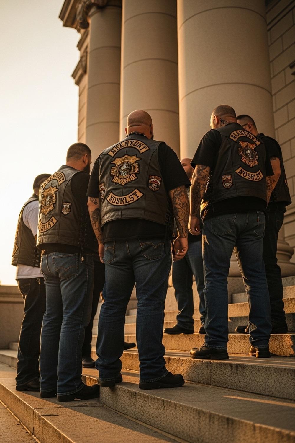 Leather-clad motorcycle club members standing protectively near a courthouse entrance