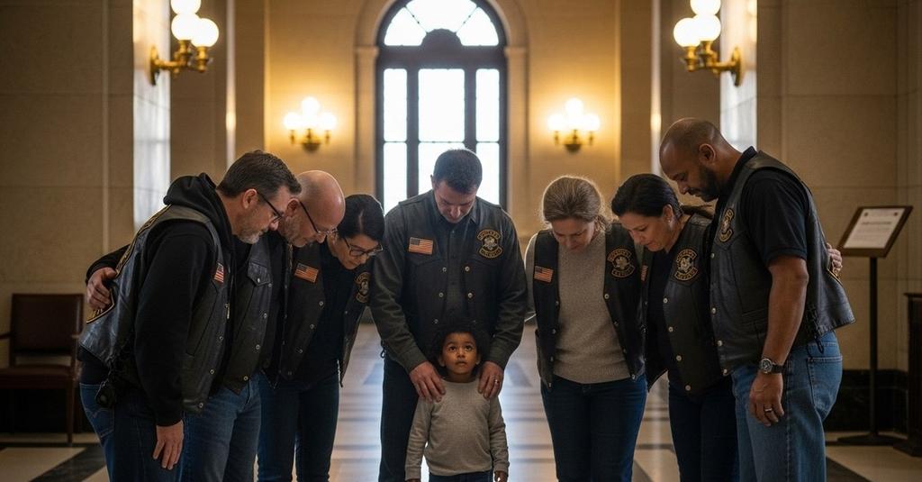 Child walking confidently flanked by large biker volunteers in support