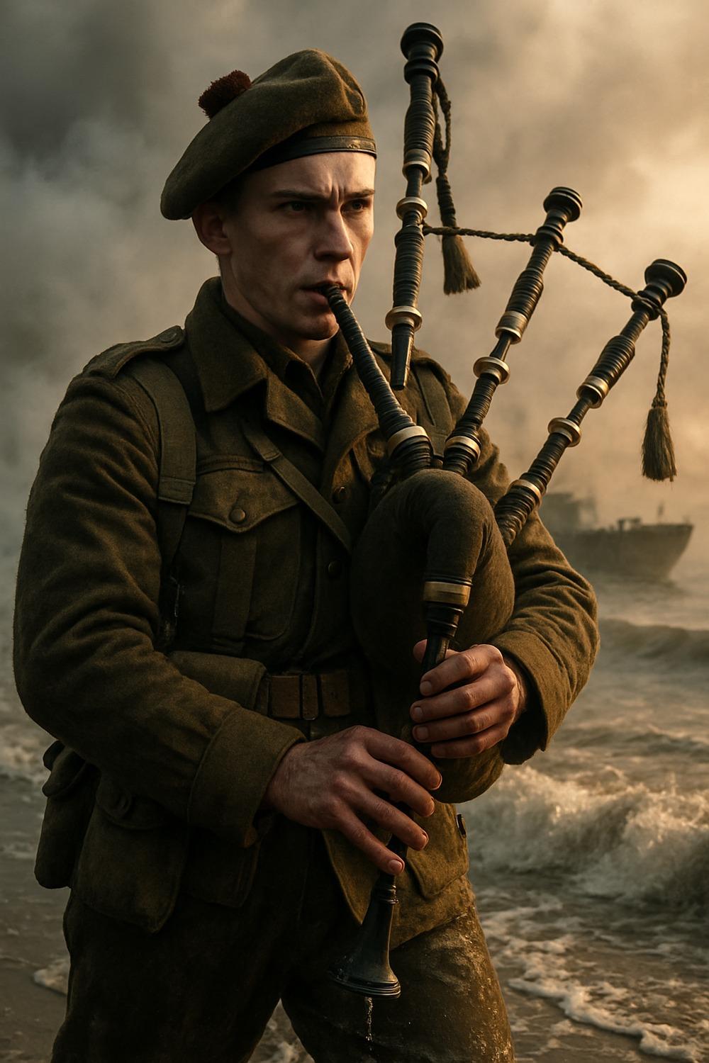 Scottish soldier Bill Millin playing bagpipes on the shores of Sword Beach during the D-Day invasion, 1944
