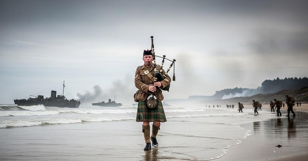 German snipers watching in disbelief as a lone piper marches through Normandy battlefield smoke