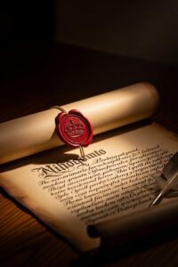 Ancient royal parchment document with wax seal symbolizing the 1689 Bill of Rights