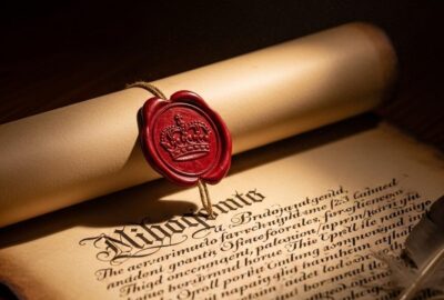 Ancient royal parchment document with wax seal symbolizing the 1689 Bill of Rights