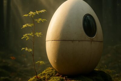 Futuristic egg-shaped burial pod beside a young sapling in misty forest light