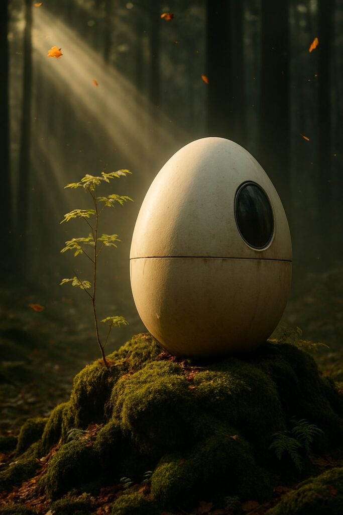 Futuristic egg-shaped burial pod beside a young sapling in misty forest light