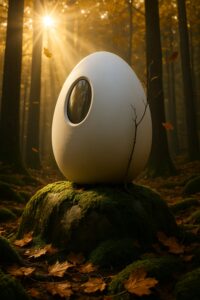 White egg-shaped burial pod resting on moss-covered boulder in golden sunlit forest