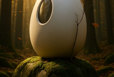 White egg-shaped burial pod resting on moss-covered boulder in golden sunlit forest