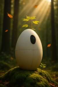A cream egg-shaped burial pod beside a young maple sapling in golden forest light