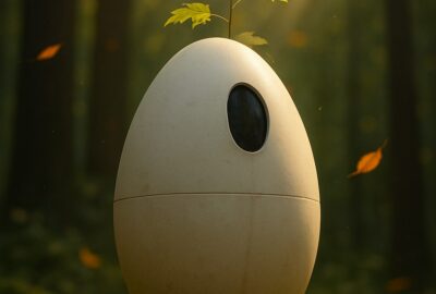 A cream egg-shaped burial pod beside a young maple sapling in golden forest light