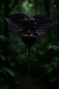 Close-up of a dark black bat flower with long trailing filament whiskers in forest shade