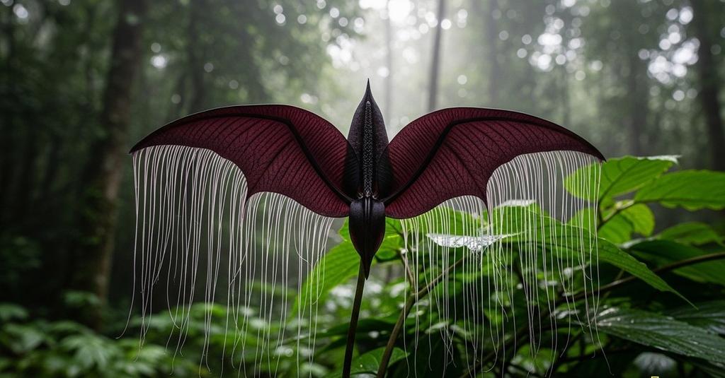 Black bat flower bloom surrounded by lush tropical understory leaves in dim jungle light