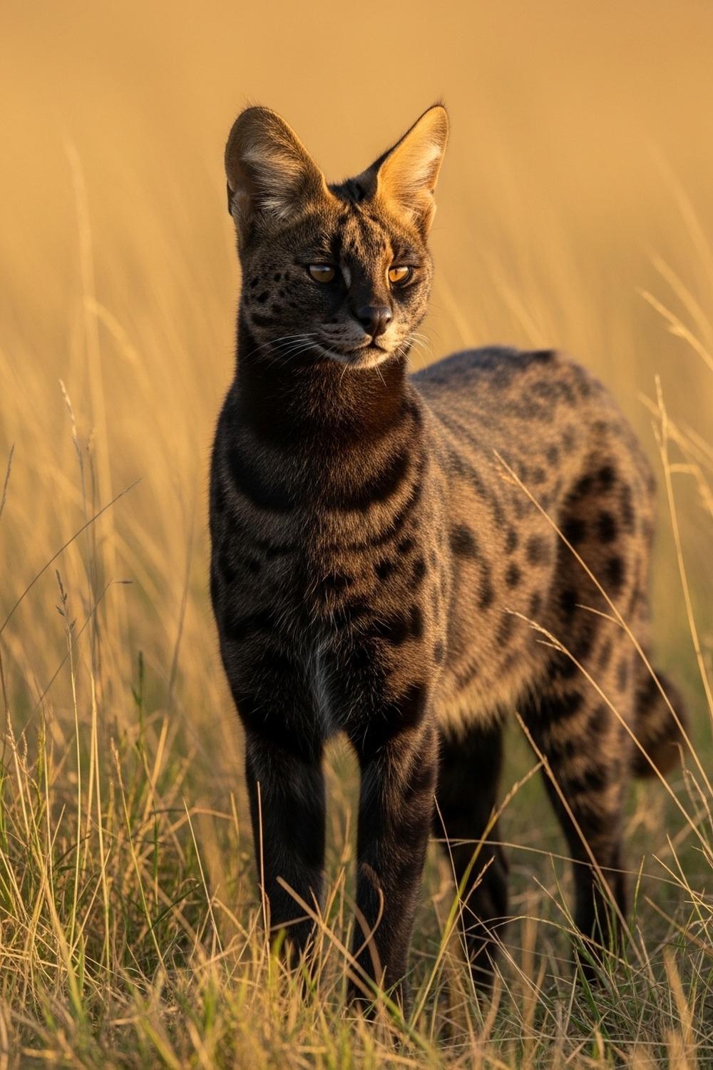 A rare black serval standing in tall golden East African savanna grass at dusk