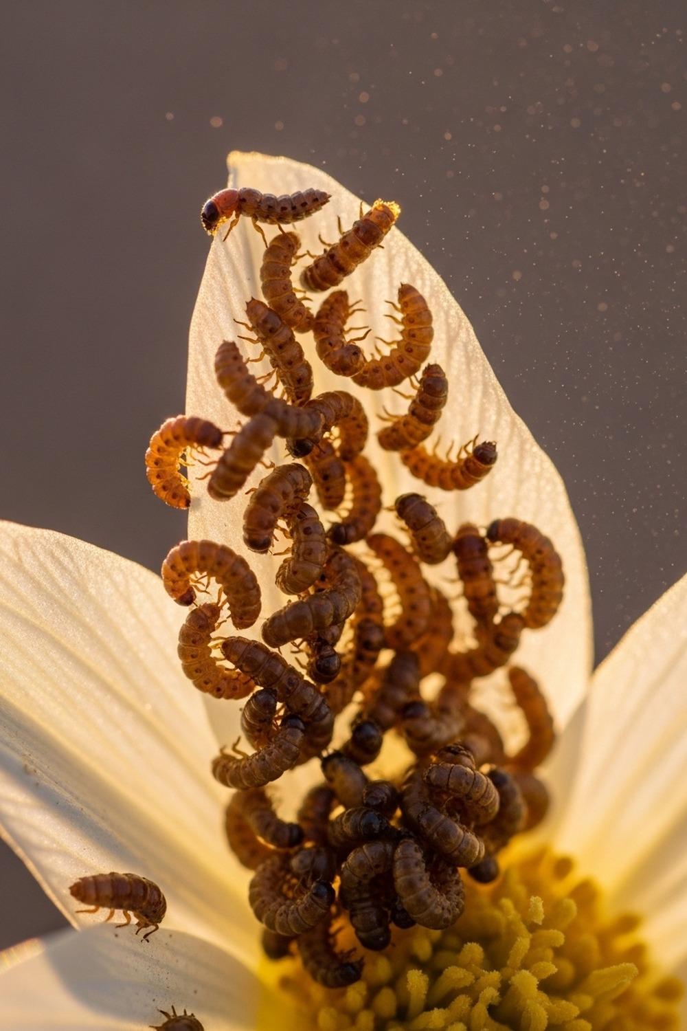 Tiny blister beetle larvae clustered on a desert wildflower petal waiting to ambush bees