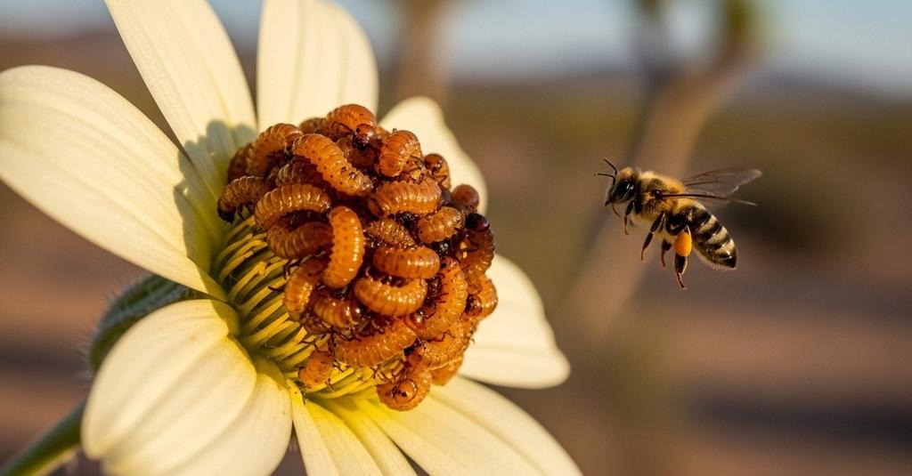 Male solitary bee approaching a flower cluster of Meloe franciscanus beetle larvae in Mojave Desert
