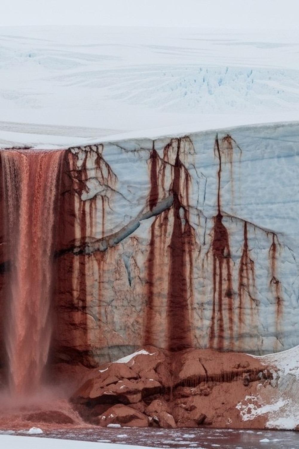 Rust-red Blood Falls streaming down Taylor Glacier in Antarctica