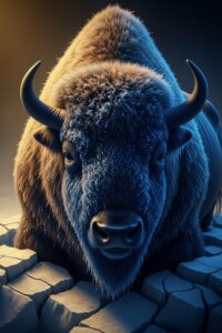 Reconstructed Ice Age steppe bison preserved in Alaskan permafrost, stained deep blue