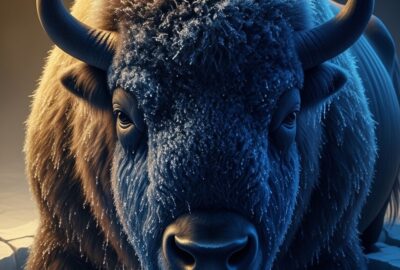 Reconstructed Ice Age steppe bison preserved in Alaskan permafrost, stained deep blue