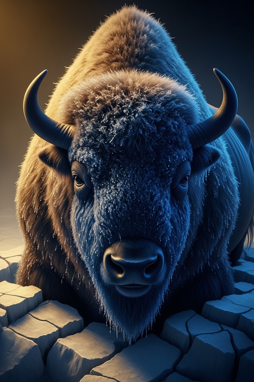 Reconstructed Ice Age steppe bison preserved in Alaskan permafrost, stained deep blue