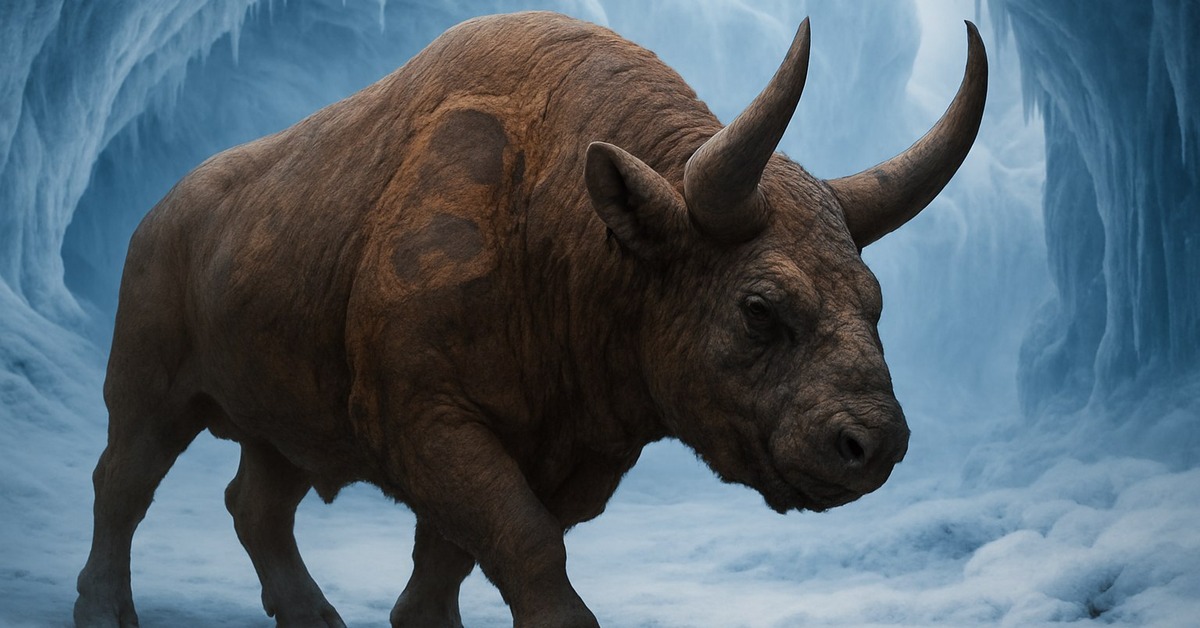 Cave lion attacking a steppe bison on the frozen Mammoth Steppe tundra at dusk